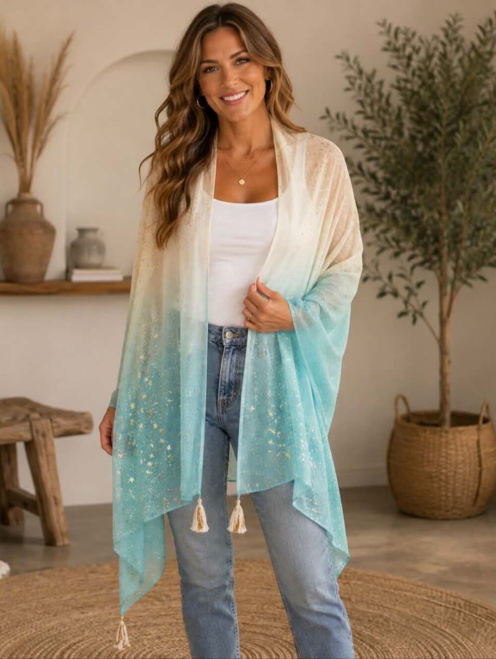 White Waves Sheer Ombre Star Scarf - Aqua to White with Gold Stars